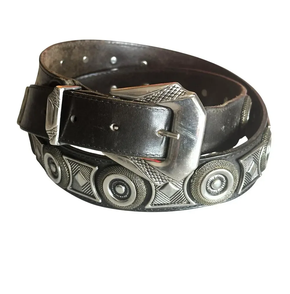 Black Leather Belt Mens Size 44 Metal Embellishments Gothic Punk Biker Heavy